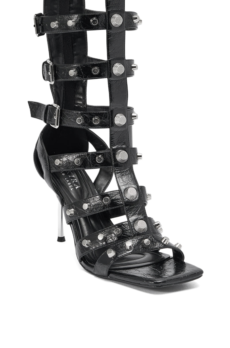 AKIRA GOLD HARDWARE EMBELLISHED BLACK GLADIATOR SANDAL