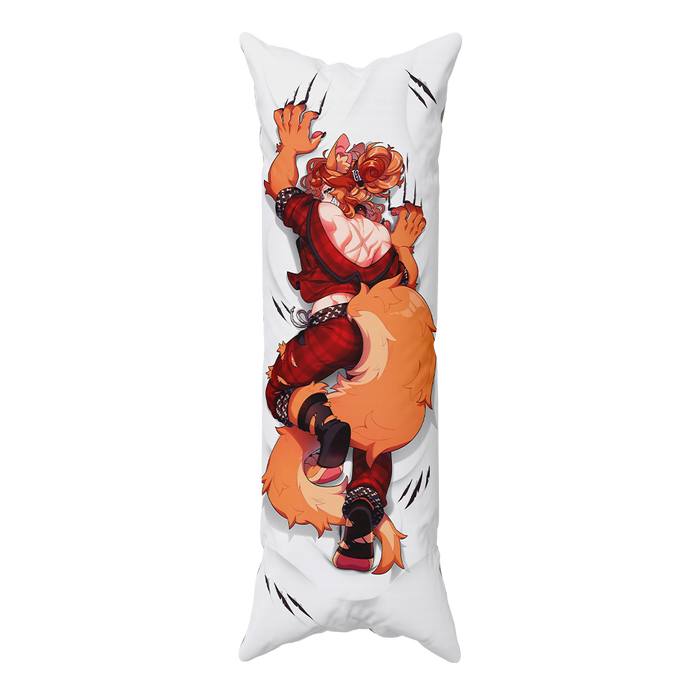 A long white body pillow featuring a detailed graphic print of an anime character with orange fur, red clothing, and clawed hands, shown against a plain white background.