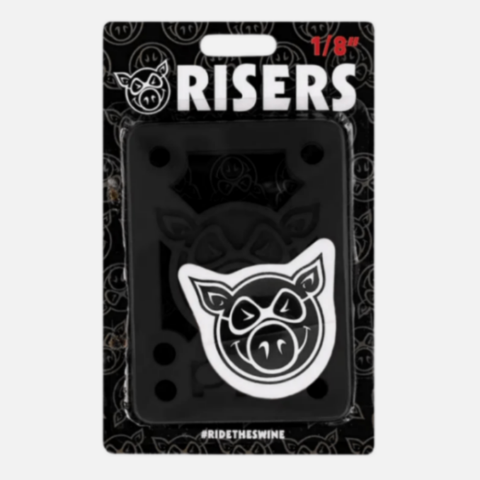 Packaged risers with pig logo and 'RISERS' branding on a black background
