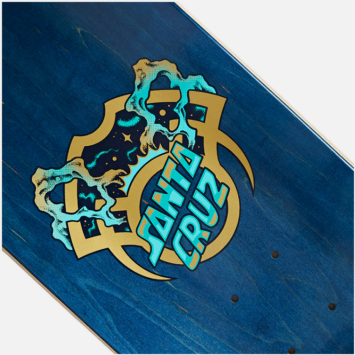 Blue skateboard deck with a colorful logo featuring the text 'Santa Cruz'.