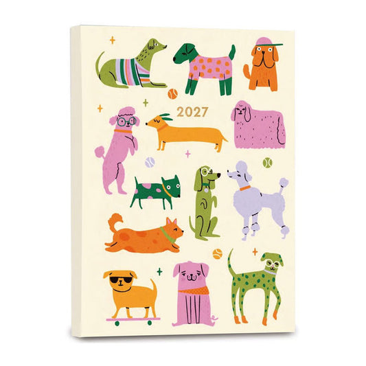 A planner featuring a whimsical collection of colorful illustrated dogs on an off-white background, with the year '2027' printed near the center. The canvas is shown at a slight angle to display its three-dimensional depth against a clean white background.