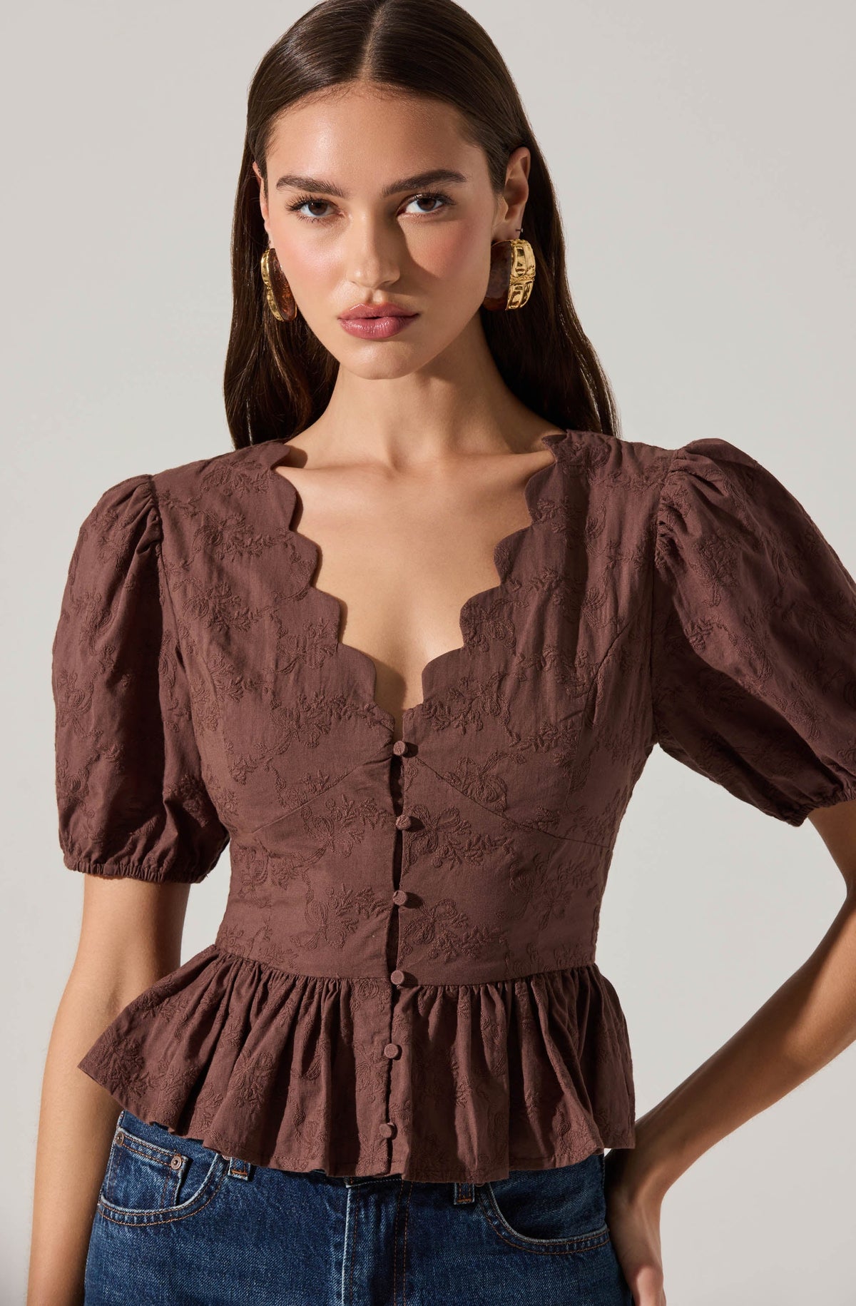 Arely Scalloped V-Neck Peplum Top