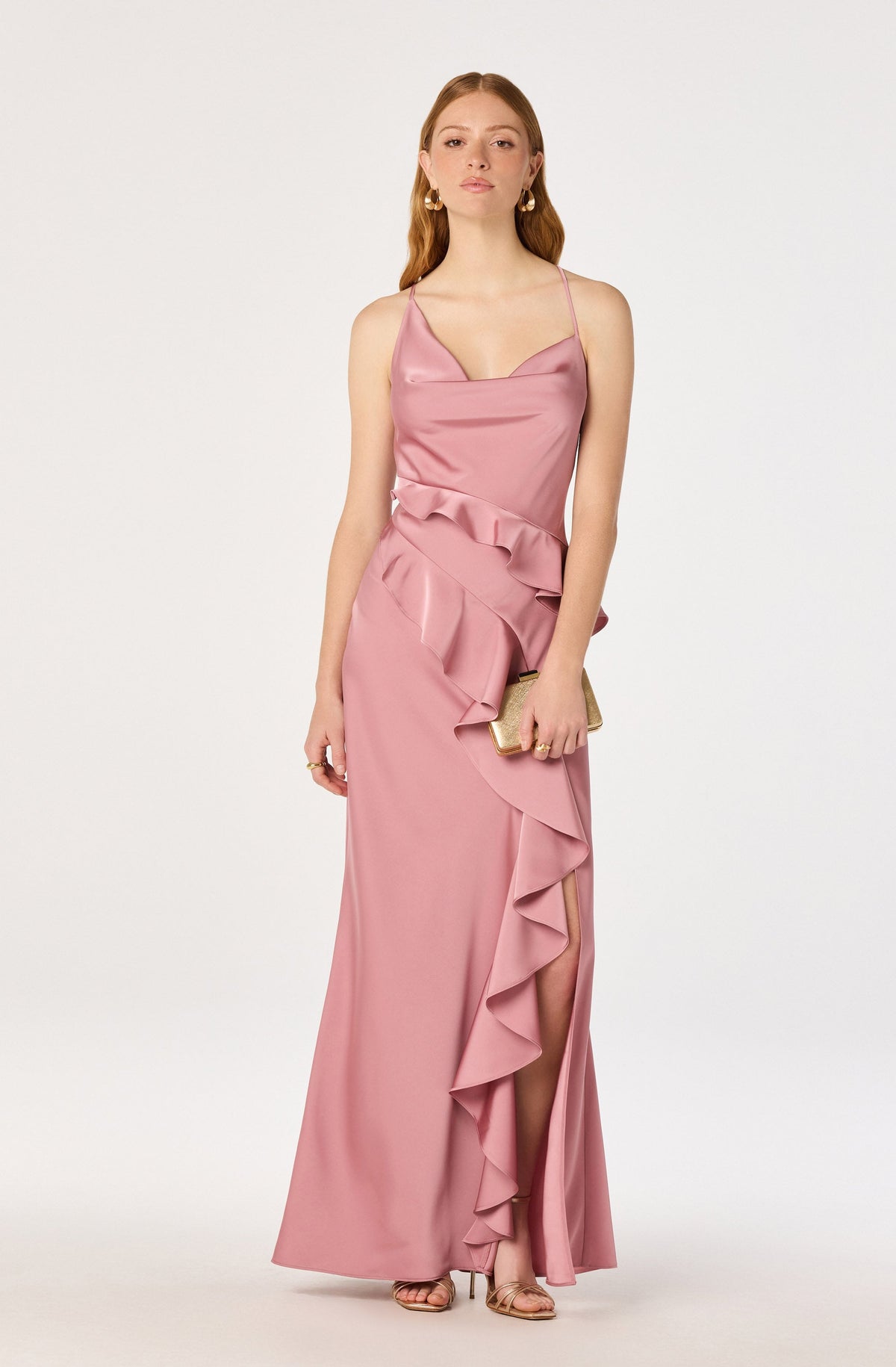 Adelina Satin Ruffle Maxi Dress