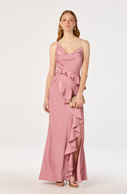 Adelina Satin Ruffle Maxi Dress