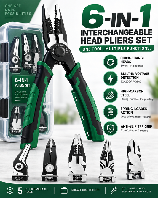 6-in-1 Interchangeable Head Pliers Set, Built-in 12-250V Voltage Detection, High Carbon Steel Multi Tool with Storage Case for Electrical Work, Home & Auto DIY