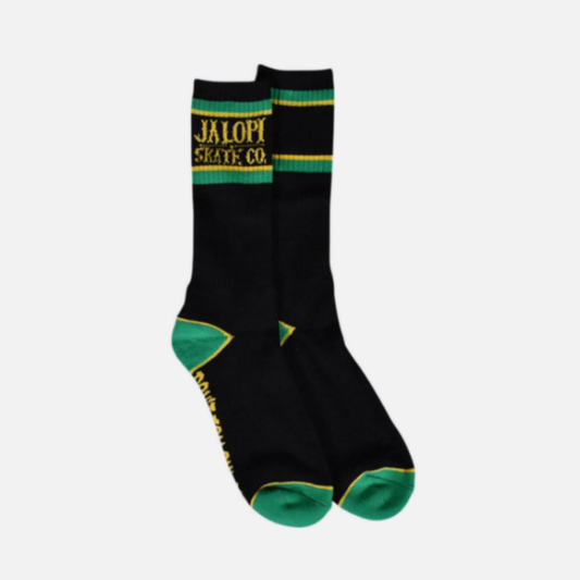 Black socks with green accents and visible branding on a white background