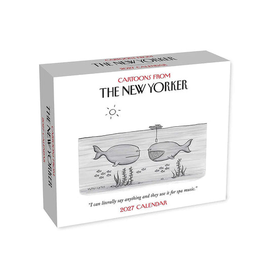 A boxed 2027 calendar titled "Cartoons from The New Yorker" shown on a clean white background. The front of the box features a grayscale underwater cartoon scene with two fish and a sun icon above, while the spine and side also show the title text.