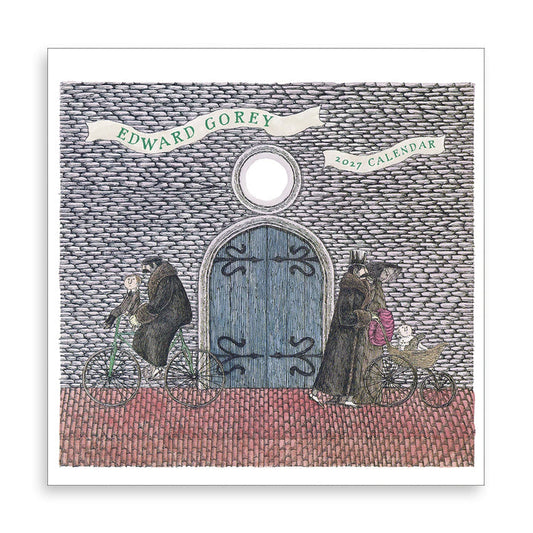 Edward Gorey 1917 calendar cover art shown as a square print with a white border. The illustration features a blue door, two figures on bicycles, a gray cobblestone wall, and a red ground, with banners reading 'EDWARD GOREY' and '1917 CALENDAR'.