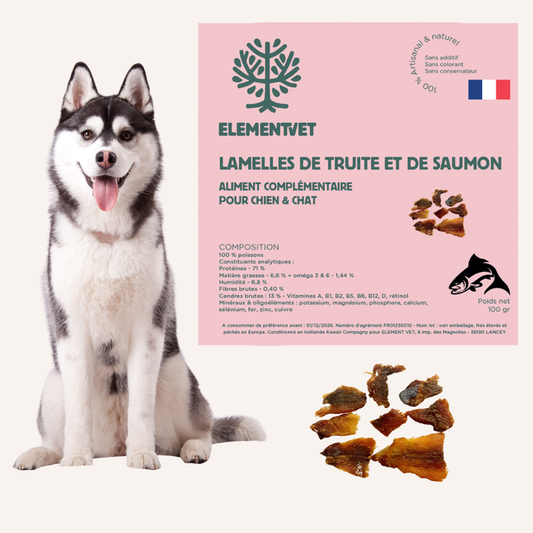 Friandises naturelles chien – Lamelles de truite & saumon riches en oméga-3
