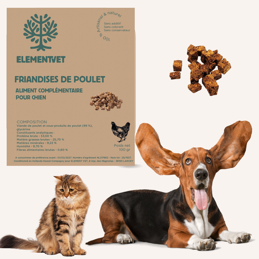 Friandises naturelles pour chien et chats – Cubes de poulet riches en protéines.