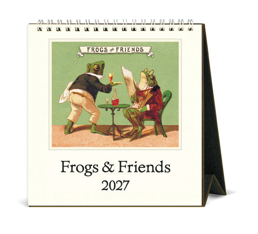 Calendar titled 'Frogs & Friends 2027' with illustration of two frogs at a table.