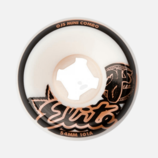 Skateboard wheel with black and orange design on a white background
