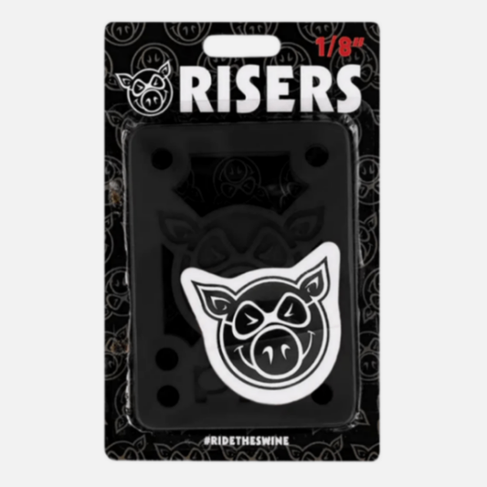 Packaged risers with pig logo and 'RISERS' branding on a black background