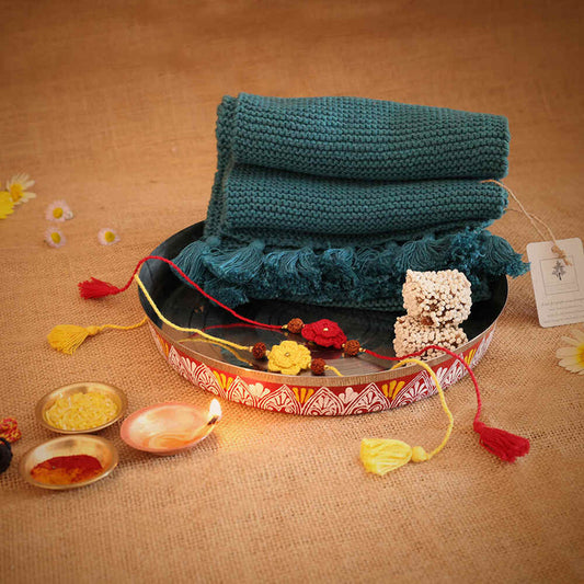Rakhis and Cotton Hand-knitted Scarf | Rakshabandhan | For Kids & Adults | Artisan Made In India | 100% Cotton | Crochet, Handcrafted  | Gifting | Teal Scarf | Rauli and Chawal | Sweets | Gifting