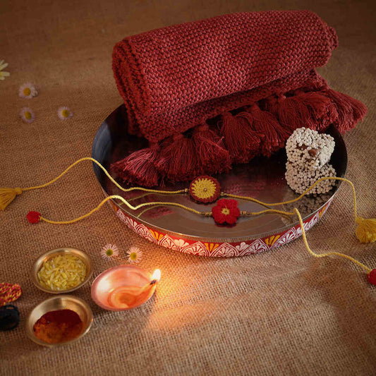 Rakhis and Cotton Hand-knitted Scarf | Rakshabandhan | For Kids & Adults | Artisan Made In India | 100% Cotton | Crochet, Handcrafted  | Gifting | Orange Scarf | Rauli and Chawal | Sweets | Gifting
