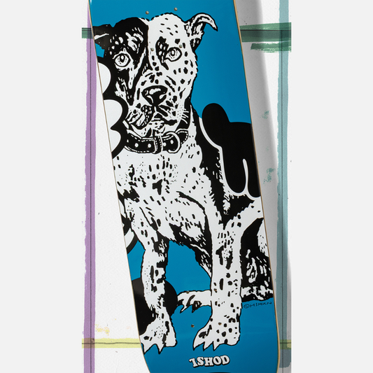 Skateboard deck with a black and white dog illustration on a blue background