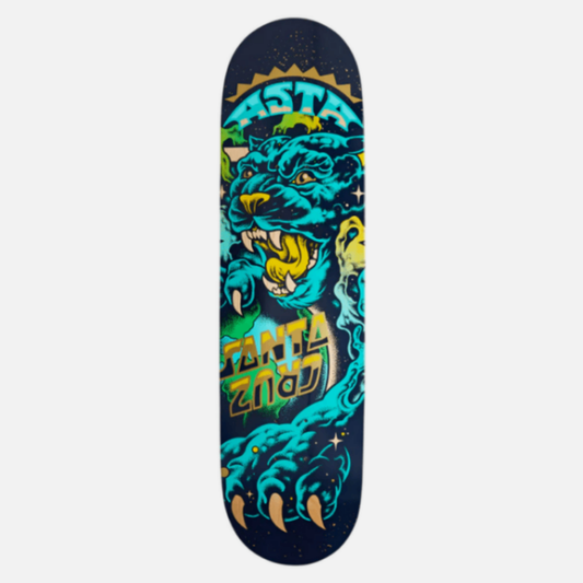 Skateboard deck with a colorful panther design and 'Santa Cruz' branding on a white background