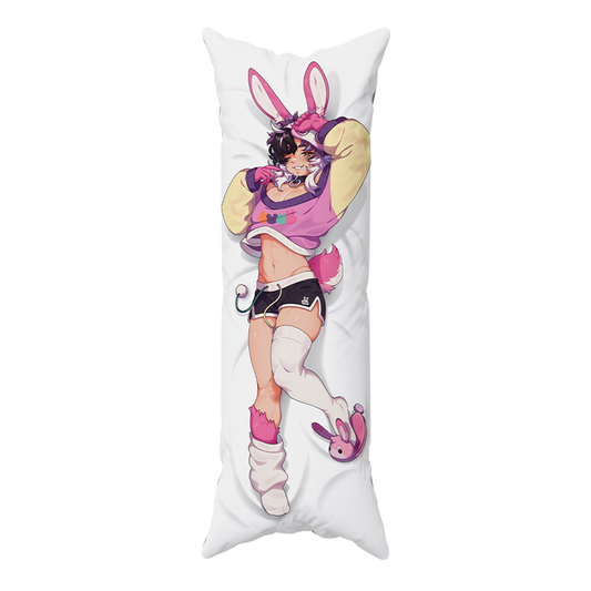A long white body pillow featuring a printed anime-style illustration of a bunny-themed character in a pink and yellow outfit with black shorts, shown on a plain white background.