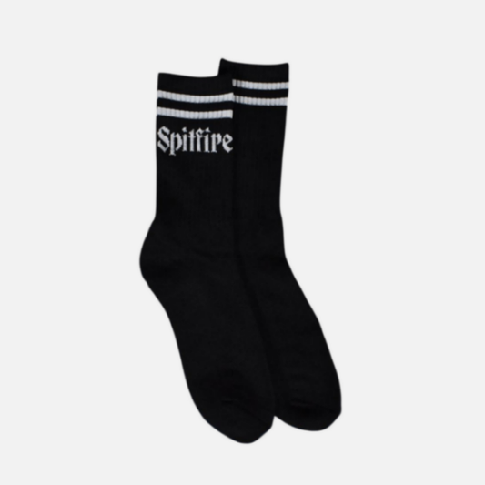 Black socks with 'Spitfire' branding on a white background