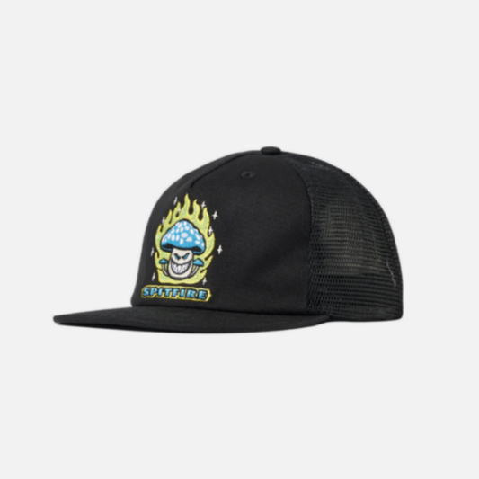Black cap with a colorful logo on a white background