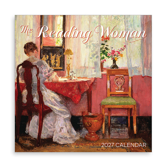The Reading Woman 2027 calendar featuring an impressionist painting of a woman reading at a table, shown as a square product mockup on a white background.