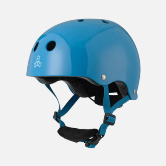 Blue helmet with a brand logo on a white background