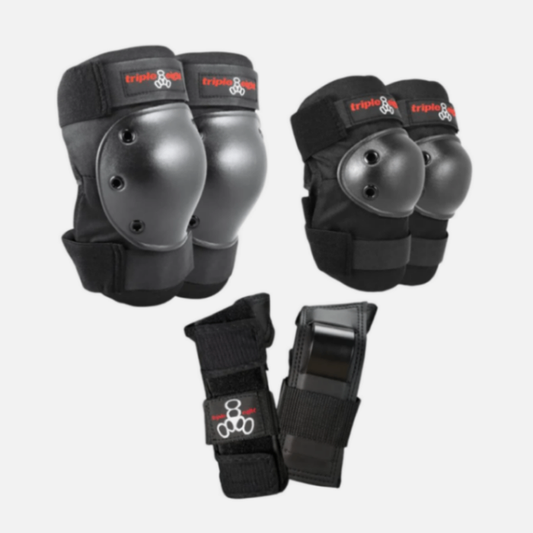 Set of black knee and elbow pads with Triple Eight logo on a white background