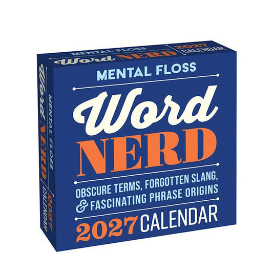 A boxed 2027 calendar titled 'Mental Floss Word Nerd' shown at a slight angle on a plain white background. The box is dark blue with large white and orange typography and smaller white subtitle text about obscure terms, forgotten slang, and phrase origins.